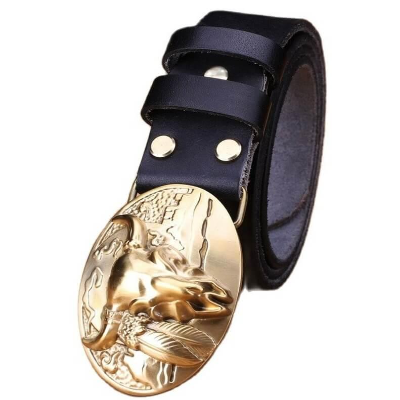 Men's Black Leather Cowboy Belt with Western Buckle
