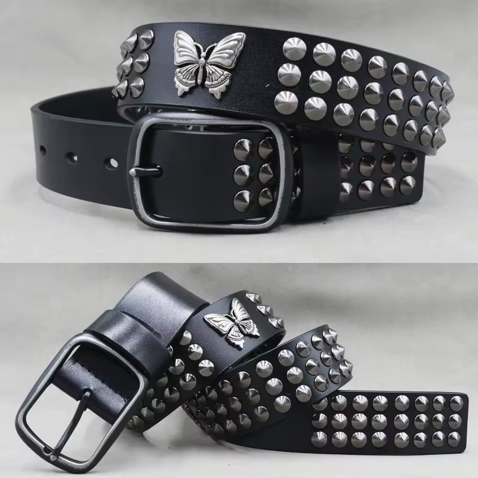 Men's Leather Rivet Belt with Skull & Animal Studs, 3.8 cm