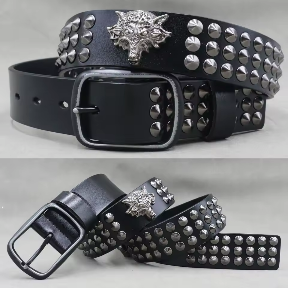 Men's Leather Rivet Belt with Skull & Animal Studs, 3.8 cm