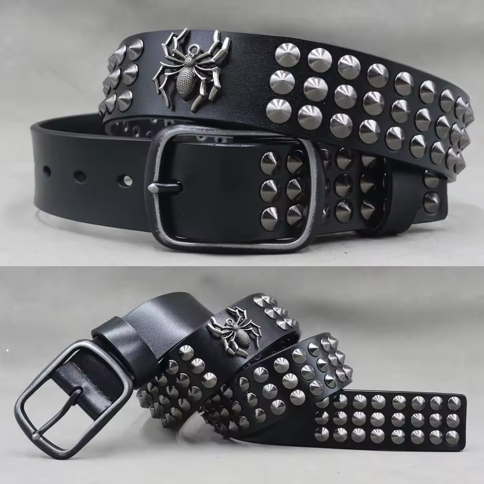 Men's Leather Rivet Belt with Skull & Animal Studs, 3.8 cm