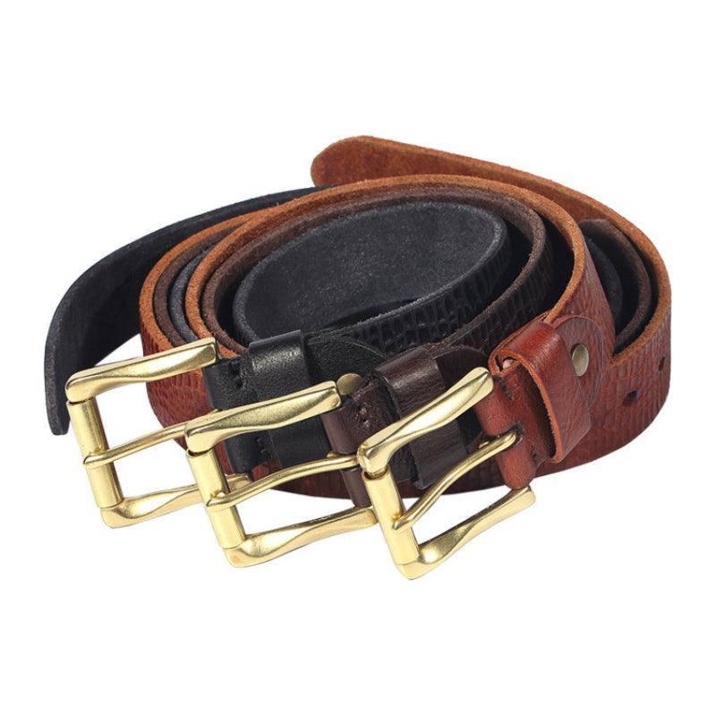 Men's Grained Leather Belt with Brass-Tone Buckle